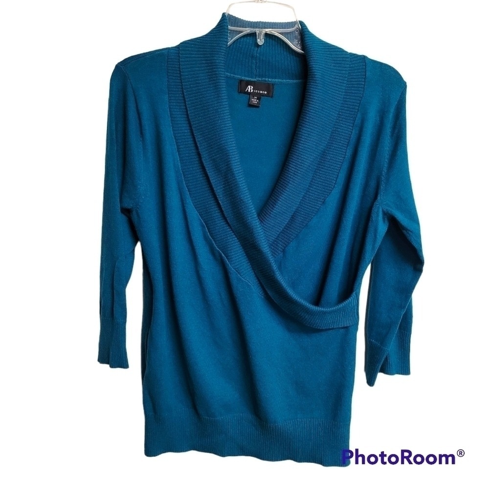 AB Studio Faux Wrap V-neckline Blue-Green 3/4 Sleeve Knit Sweater Top Size M